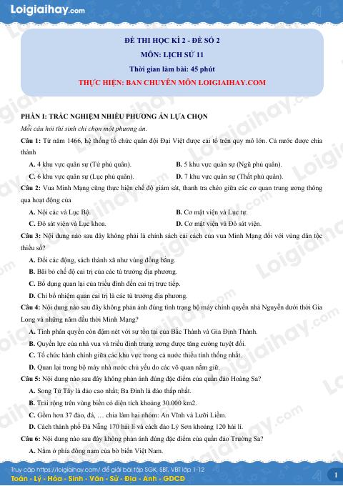 Đề thi học kì 2 Lịch sử 11 - Đề số 2